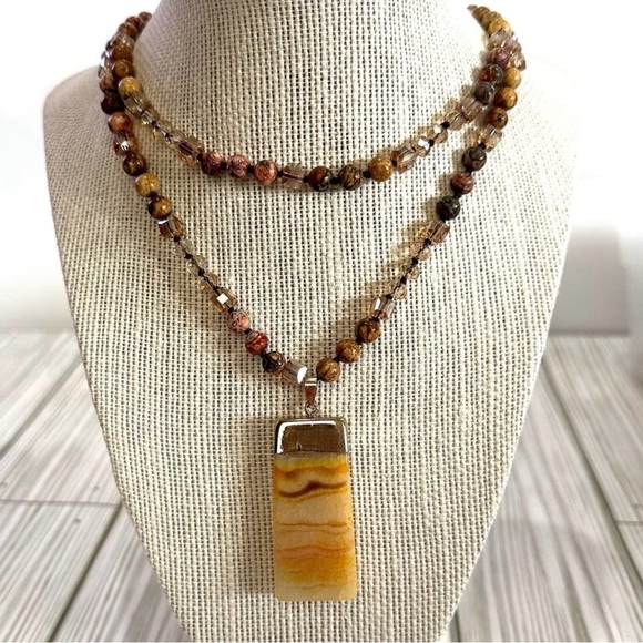 New Handmade Jasper & Crystal Beaded Necklace with Agate Pendant – Boho Chic - Picture 6 of 6